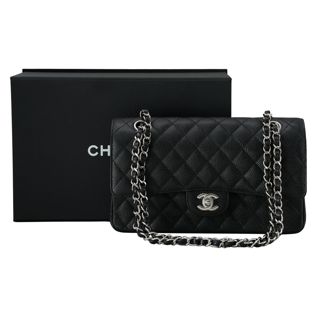 CHANEL(USED)샤넬 클래식 캐비어 미듐 은장