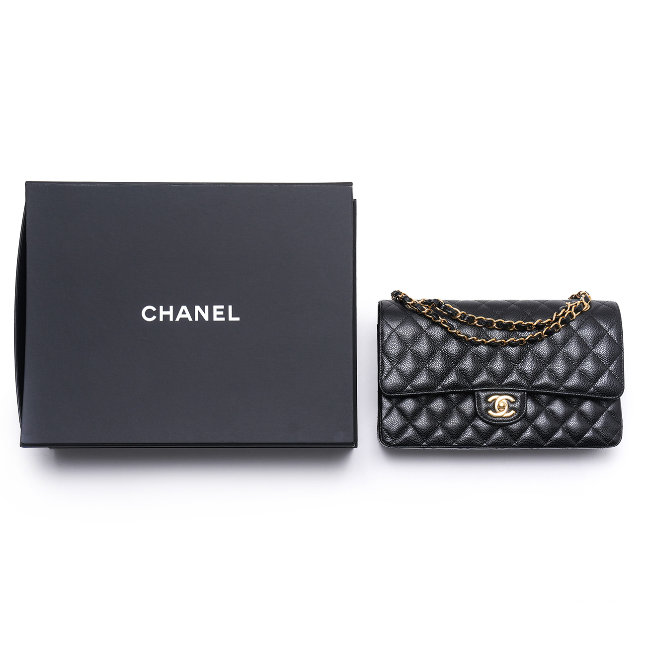 CHANEL(USED)샤넬 캐비어 클래식 미듐 플랩백 블랙 금장
