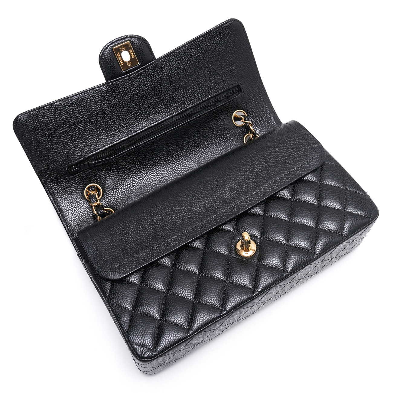 CHANEL(USED)샤넬 캐비어 클래식 미듐 플랩백 블랙 금장